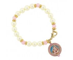 SYMBOLS OF FAITH™ 14K GOLD-DIPPED MARY AND CHILD DECAL CHARM BRACELET Child Image, Bracelet Inspiration, Faith Gifts, Pearl Pink, Children Images, Gold Dipped, Pink Beads, Pink Bracelet