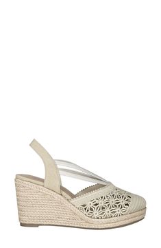 Laser-cut perforations add whimsical charm to an espadrille-inspired sandal lofted by a jute-wrapped platform and integrated wedge heel. 3" heel Memory foam cushioning Slip-resistant sole Textile upper and lining/synthetic sole Imported Cream Wedge Sandals With Heel Strap For Spring, Elegant Summer Heels With Perforations, Beach Cream Wedge Sandals With Heel Strap, Cream Wedge Sandals With Heel Strap For Beach, White Straw Espadrilles With Ankle Strap, Summer Slingback Espadrille Wedge Sandals, Cream Slingback Sandals For Spring Beach, Cream Espadrille Sandals For Vacation, White Espadrille Wedge Sandals For Spring