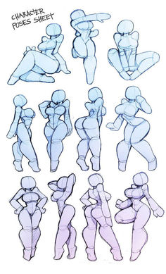 various poses and body shapes for the character in the game, which appears to be drawn by