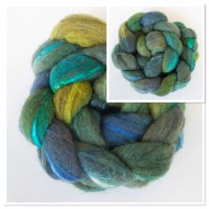 two pictures of different colored wools on top of each other, one is green and the other is blue