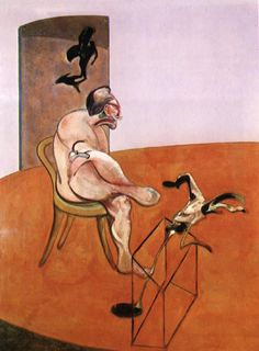 a painting of a man sitting in a chair with two birds flying over him and another bird on the ground