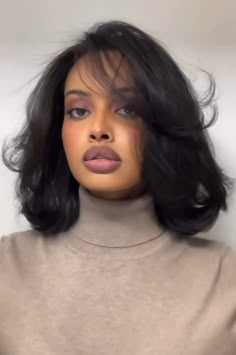 Blown Out Hair Black Women Short, Blow Out Bob Hairstyles For Black Women, Lob Hairstyles For Black Women, 90s Fluffy Bob Black Women, Short Haircut With Volume, Bob Blowout Black Women, Blowout Shoulder Length Hair, Fluffy Silk Press, Blow Outfit Hair Short