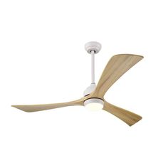 a white ceiling fan with wooden blades and light on the blade is shown in front of a