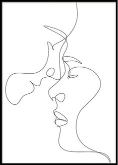 a black and white line drawing of two women's faces with one woman's face