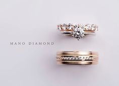 three different types of wedding rings with diamonds on them and the words mano diamond