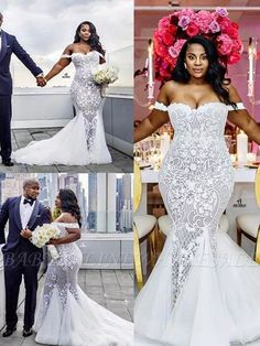 the bride and groom are posing for pictures in their wedding gowns with flowers on them