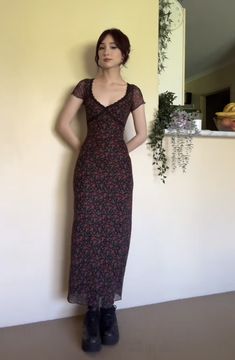 Maxi Dress Doc Martens, Long Dress And Doc Martens, Grunge Maxi Dress Outfits, Floral Dress With Doc Martens, Dress And Doc Martens, Modest Feminine Outfits, 90s Floral Dress Vintage, Velvet Dresses Outfit, 90s Floral Dress Grunge