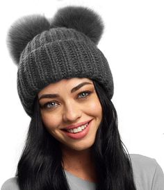 Double Pom Pom Beanie - Faux Fur Knit Hat, Fleece Lined Hat, Pompom Hat, Chunky Knitted Hats, Skiwear, Ski Beanie, Trendy Hats, Hat Gift Carry the look of a double bun hairstyle with this super cute and trendy faux fur double pom pom knit beanie. Ideal for the ski slopes but equally great around town, the chunky fleece lined hat will not itch, keep you ultra warm and you'll look amazing. For any fashionistas, the beanie hat makes a great gift this winter season. The chunky rib stitch pattern all Winter Beanie With Pom Poms, Winter Hat With Pom Poms For Cold Weather, Casual Winter Beanie With Pom Poms, Casual Winter Hats With Pom Poms, Warm Crochet Hat For Winter, One Size Fits Most, Warm Crochet Hat For Winter, Warm Winter Crochet Hat, One Size Crochet Hat For Winter, Trendy Adjustable Crochet Hat For Winter