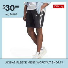 This pair of men's adidas shorts will be a stylish and comfortable addition to your workout rotation. They are made from a soft cotton-fleece with an elastic waist, side pockets, and the brand's signature markings. Wear them with a t-shirt and a hoodie for a casual look.Front Style: Flat FrontClosure Type: Full ElasticFit: Regular FitPockets: 2 Side Slip PocketsRise: At WaistShort Length: Mid LengthFiber Content: 78% Cotton, 22% PolyesterFabric Description: FleeceInseam: 10 InCare: Tumble Dry, … Mens Workout Shorts, Adidas Fleece, Mens Workout, Shorts Workout, Adidas Shorts, Cotton Fleece, Shorts Black, Workout Shorts, Adidas Men