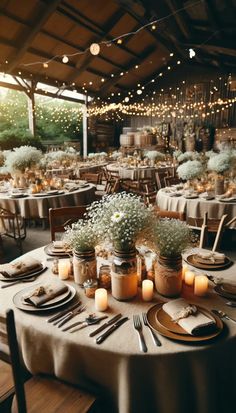 a table set for dinner with candles and flowers in mason jar vases on top