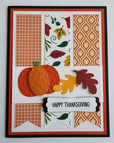 a handmade thanksgiving card with pumpkins and leaves