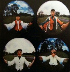 four pictures of the same man in different outfits, one with his arms out and two without