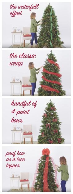 the instructions for how to decorate a christmas tree with ribbons and bows on it's sides