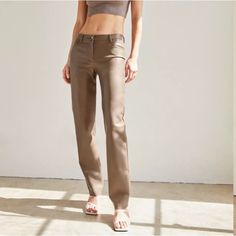 Nwt New Aritzia Wilfred Melina Vegan Leather Pants In Shitake (Taupe) 6 Tall (~32” Inseam), About A 9.5” Rise (See Measurement Photo) Spring Khaki Dress Pants, Khaki Dress Pants For Spring, Brown Slim Fit Pants For Work, Beige Slim Fit Trousers, Beige Slim Fit Straight Pants, Beige Slim Fit Bottoms For Spring, Beige Fitted Dress Pants For Fall, Beige Dress Pants For Fall, Fitted Beige Dress Pants For Fall