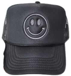 Summer Smiley Face Baseball Cap, Casual Smiley Face Trucker Hat Snapback, Summer Baseball Cap With Smiley Face, Fun Snapback Hat For Streetwear, Summer Smiley Face Cap, Fun Black Snapback Hat, Casual Trucker Hat With Smiley Face, Adjustable Smiley Face Baseball Cap For Summer, Funny Adjustable Trucker Hat For Streetwear