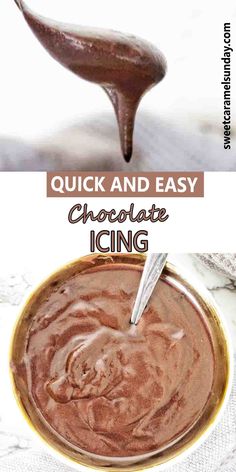 Chocolate icing bing dripped from spoon above white bowl of the same. Icing With Chocolate Chips, Simple Chocolate Icing 3 Ingredients, Chocolate Chip Icing Recipe, Easy Icing For Chocolate Cake, Chocolate Icing Recipe With Cocoa Powder, Brownie Icing Easy, Home Made Chocolate Icing, Icing Recipe For Brownies