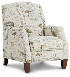 a white chair with birds on it and writing all over the armrests, in front of a white background