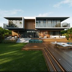 an artist's rendering of a modern house with wooden decking and large swimming pool