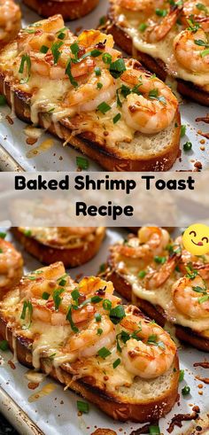 baked shrimp toast recipe on baking sheet with text overlay that reads baked shrimp toast recipe