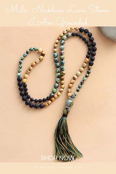 Mala Beads Necklace Lava Stone I Am Grounded. Gorgeous mala with picture, African turquoise jasper, and lava stone. Inspired by Autumn colors. Get inspired by the meaning of the mala beads and check out our mala necklace collection. Malas and meditation go hand in hand. They help you to enhance your spiritual practices. We offer a great variety of prayer beads, meditation tools, Japa mala 108 beads, and 27. Check our website to see more> Earthy Green Jewelry With 8mm Beads, Holistic Yoga Jewelry With 108 Beads, Green Holistic Necklace For Meditation, Adjustable Natural Stones Necklaces For Meditation, Adjustable Natural Stone Necklaces For Meditation, Holistic Jewelry With 8mm Beads For Yoga, Nature-inspired Healing Jewelry With 8mm Beads, Earthy Adjustable Crystal Necklace For Healing, Bohemian Agate Mala With Gemstone Beads