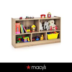 a wooden shelf filled with toys on top of a white background and the words macy's written below it