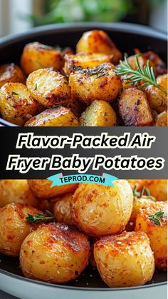 two pictures showing different types of baked air fryer baby potatoes with rosemary sprigs