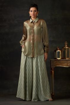 Shop for Shilpi Gupta Green Placket Embroidered Shirt And Flared Pant Set for Women Online at Aza Fashions Indowestern Outfits, Suits For Women Indian, Lehenga Saree Design, Pant Suits For Women, Organza Embroidery, Organza Shirt, Printed Flare Pants, Organza Blouse, Pakistani Fashion Casual