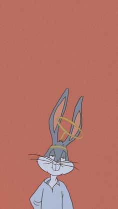 an animated rabbit wearing a blue shirt and standing in front of a red wall with lines on it's ears