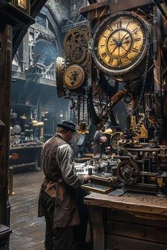 a man standing in front of an old fashioned machine shop with lots of clocks hanging from the ceiling