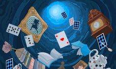 an artistic painting with playing cards and clocks in the air, on a dark blue background