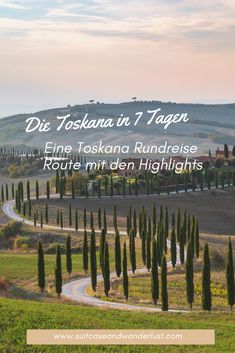 an image of the countryside with trees and hills in the background text reads die toscana in 7 tagen