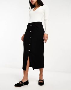 ASOS DESIGN ribbed midi skirt with horn buttons in black | ASOS Workwear Bottoms With Button Closure And Midi Length, Chic Midi-length Bottoms With Buttons, Chic Midi Length Bottoms With Buttons, Workwear Midi Skirt With Buttons, Elegant Skirt With Button Closure For Night Out, Chic Skirt With Buttons For Night Out, Black Pencil Skirt With Button Closure For Work, Elegant Black Pencil Skirt With Buttons, Black Pencil Skirt With Button Closure