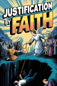 Angel pulling a person from a dark abyss using a rope, with a crowd watching, and the words "JUSTIFICATION BY FAITH" above. God's Promise To Abraham, Bible Search, The Exodus, Romans 3 23, Psalm 62, Romans 10 9, Embracing Diversity, Jesus Teachings, Psalm 51