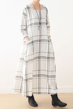 Beach Maxi Dress With Pockets And Long Sleeves, White Long Sleeve Dress With Pockets, Long Sleeve Plaid Dress With Pockets, Plaid Long Sleeve Dress With Pockets, Plaid Long-sleeve Dresses With Pockets, Summer Plaid Dresses With Pockets, Casual White Maxi Dress For Fall, White Cotton Maxi Dress For Fall, Casual Plaid Maxi Dress For Spring