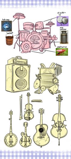 an image of various musical instruments and music equipment in different stages of construction, including the guitar