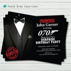 this is an image of a birthday party with a james bond theme on the front