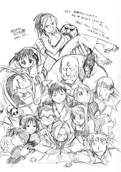 some anime characters are posing for a group photo in this black and white pencil drawing