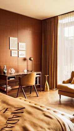 a living room filled with furniture next to a large window covered in brown drapes