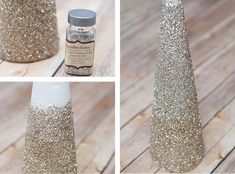 three different shots of glitter bottles on a wooden floor, one is white and the other is silver