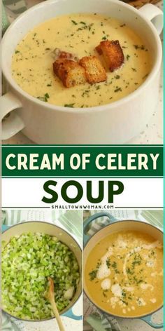 cream of celery soup with broccoli and croutons in it