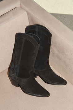 FREDA SALVADOR LORETTA WESTERN BOOT IN BLACK SUEDE Freda Salvador, Heel Caps, Western Boot, Pull On Boots, Cowboy Boot, Bearpaw Boots, Everyday Dresses, Rubber Heels, Western Style