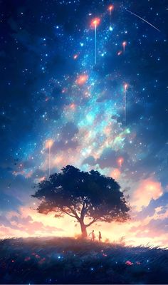 the sky is filled with stars and people standing under a tree on top of a hill