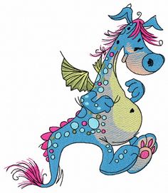 a blue dragon with pink hair and tail is jumping in the air while wearing an orange hat