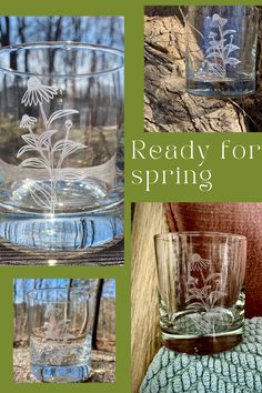 four different glass vases with flowers etched on them