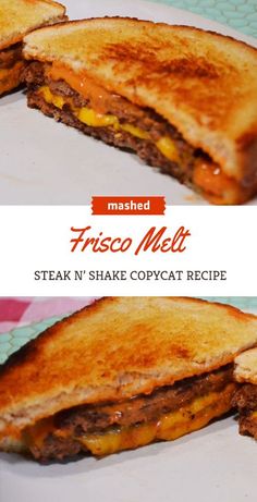 two pictures of a grilled cheese and meat sandwich with the words mashed frisco melt on it