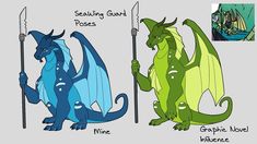 three different types of godzillas with their names in the middle one is blue, green and