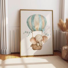 an elephant in a hot air balloon is hanging on the wall