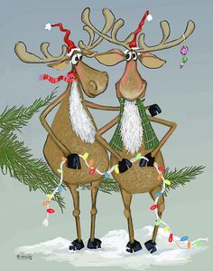 two reindeers dressed up as santa claus and rudolph with christmas lights on their antlers