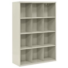 a white bookcase with six shelves on each side