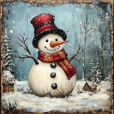 a painting of a snowman wearing a red hat and scarf with trees in the background